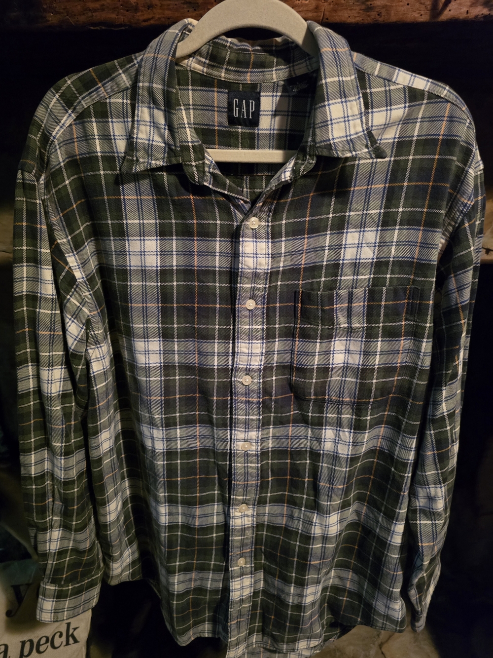 Vintage 90s Gap Plaid Flannel Button Down Shirt Size L Green Blue Tartan